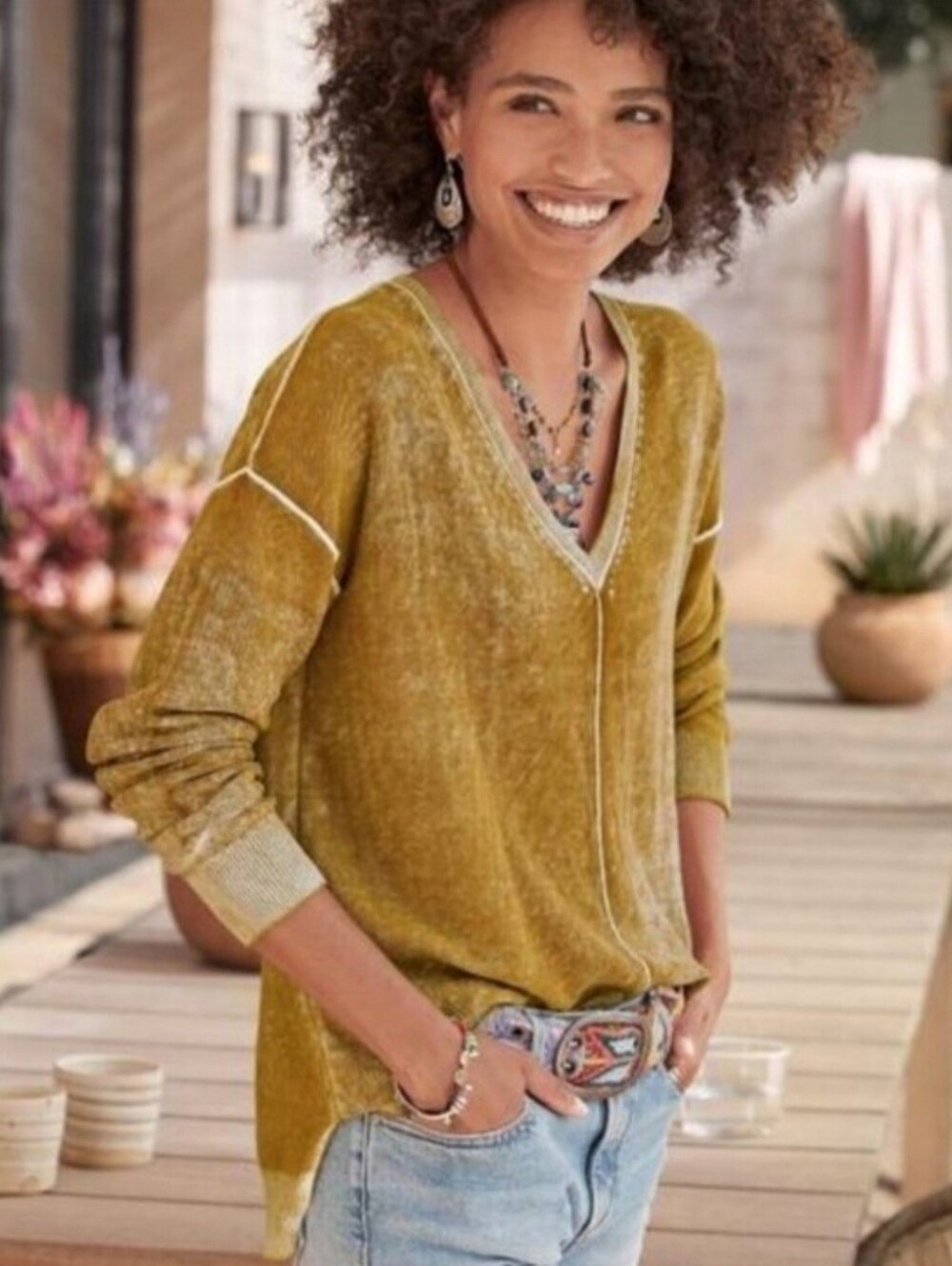 Sundance Samantha V Neck Sweater Sz XL Inside Out Look Yellow Boho Casual Cotton